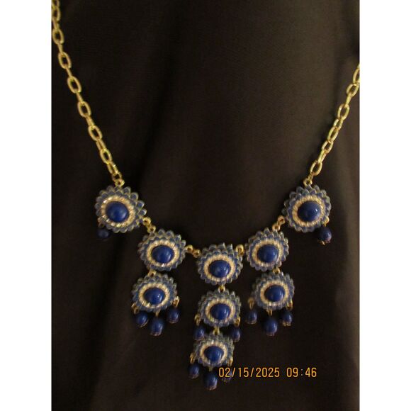 Enamel Blue rhinestone bib necklace sparkles in the light claw clasp gold tone - Picture 2 of 4
